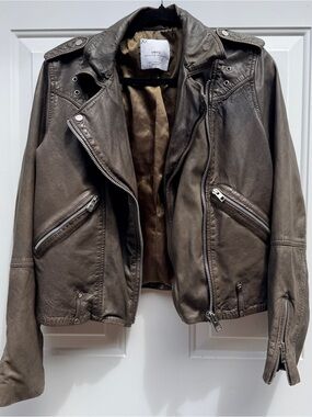 Mango Leather Moto Jacket in Taupe